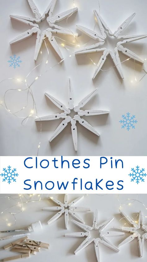 How To Make Clothespin Snowflakes, Peg Christmas Decorations, Wooden Clothes Peg Craft Ideas, Wooden Clothespin Snowflakes, Cloth Peg Craft, How To Make Christmas Snowflakes, Wooden Pegs Craft Ideas, Wooden Peg Christmas Crafts, Peg Snowflakes