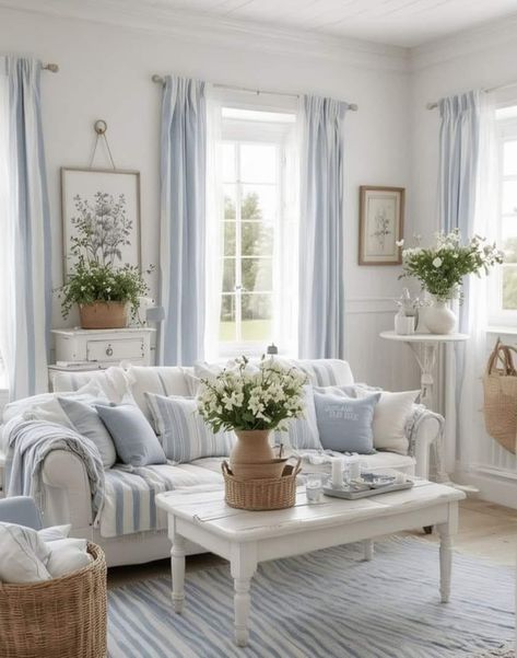 Your Garden Made Perfect, House Interior Decor Living Room, Spring Home Inspiration, Blue Cottage Living Room, Cute Small Living Room, Small Cottage Decor, Small Room Decorations, All White Interior Design, Spring Room Decor