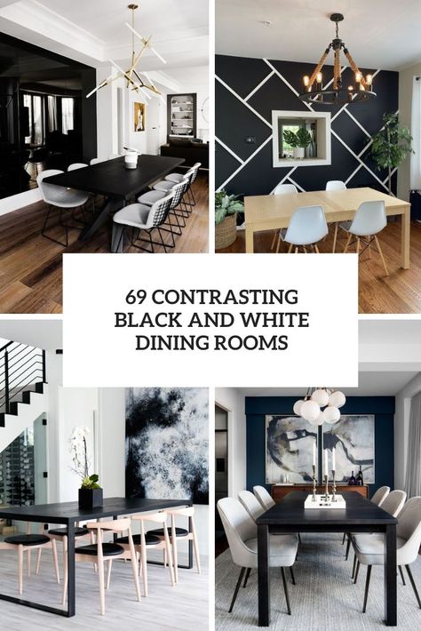 contrasting black and white dining rooms cover Black White Dining Room Decor, Black And Cream Dining Room Decor, Black And White Breakfast Nook, Dining Table For Black And White Kitchen, Black And White Dining Room Decor Ideas, Black And White Wallpaper Dining Room, Black And White Dining Room Decor, White Dining Rooms, White Dining Room Decor