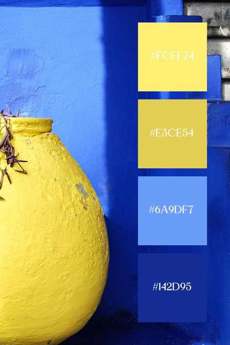 This blue and yellow palette features a striking contrast between a vibrant blue wall and a bright yellow vase, with the rough texture and natural shadows adding depth and interest to the scene. The rich blue staircase and the yellow pot create a visually dynamic composition that exudes Mediterranean charm. Colorful Brand Color Palette, Blue And Yellow Colour Scheme, Bright Blue And Yellow Color Palette, Yellow Color Matching, Bright Yellow Palette, Blue White Yellow Color Palette, Royal Blue And Yellow Color Palette, Colour Palette Yellow Blue, Yellow Colour Schemes