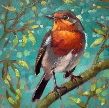 Robin Oil Painting, Bird Family Painting, Robin Acrylic Painting, Robin Illustration Bird, How To Draw A Robin, Birds On Tree Drawing, Robin Bird Drawing, Robin Bird Illustration, Robin Bird Painting