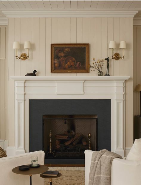 Offset Fireplace With Built Ins, Colonial Fireplace Mantle, Fireplace Molding Ideas, Modern English Cottage Style, Studio Mcgee Fireplace, Big Fireplace, Fireplace Molding, Modern English Cottage, Temple House