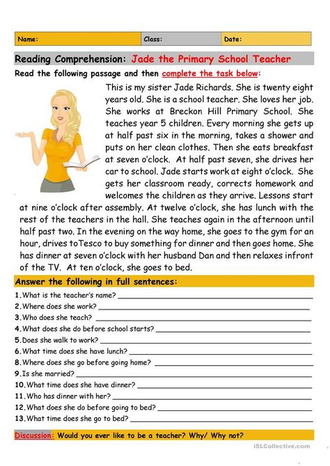 Reading Comprehension: Jade the Primary School Teacher - English ESL Worksheets for distance learning and physical classrooms Elementary English Activities, Jobs Reading Comprehension, English Reading Skills, English Conversation For Kids, Esl Reading Comprehension, Birthday Concept, Reading Comprehension Texts, Text English, Teaching Reading Comprehension