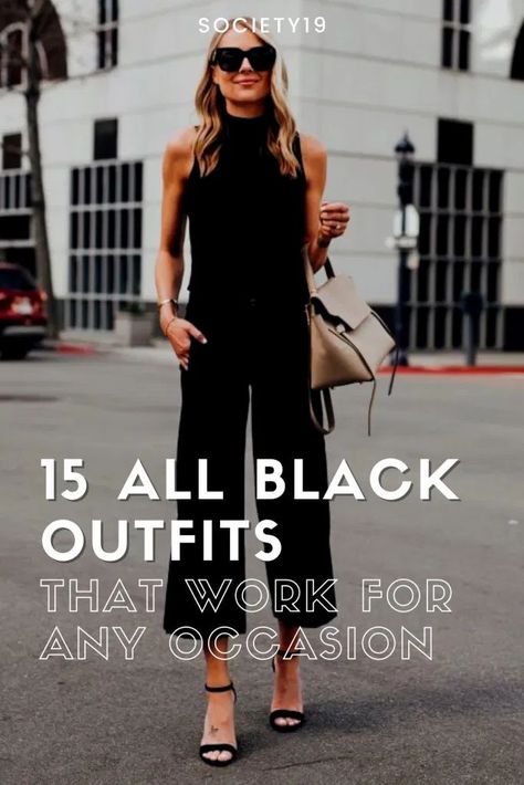 All Black Outfits For Petite Women, Womens Black Outfits Classy, Classy Black Work Outfits, Business Casual Black Outfits For Women, Black Summer Outfits 2023, Black On Black Outfits Work, Black Work Wardrobe, Dressing In Black Outfits, Outfits For Funerals Womens Winter