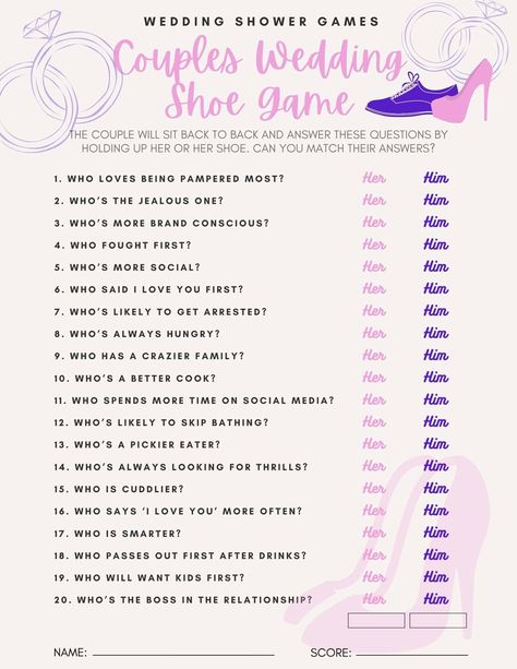 Are you looking for couples shower shoe game questions for your bridal shower preparation? Take a look at this list to get 100+ ideas! This Or That Questions For Couples, Love Games Questions, Him Or Her Game Questions, Shoe Game Wedding Questions, Couple Games Ideas Parties, Couple Games Questions, Mr And Mrs Questions, Wedding Shoe Game Questions, Shoe Game Questions