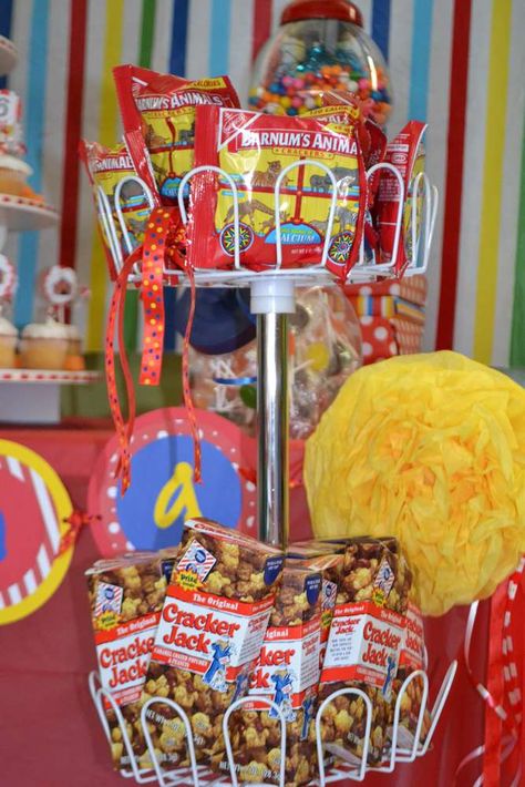 The Carnival's In Town | CatchMyParty.com Circus Birthday Party Ideas, Lila Party, Carnival Birthday Party Theme, Circus Carnival Party, Birthday Carnival, Curious George Birthday, Carnival Food, Circus Theme Party, Kids Carnival