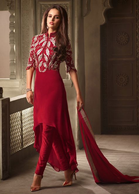 Compelling Red #Georgette #StraightCutSuit #partywear #weddingwear #heavywomenwear #salwarkameez Up Down Kurti, डिजाइनर कपड़े, Georgette Suit, Eastern Wear, Designer Salwar Kameez, Designer Anarkali Suits, Churidar Designs, Salwar Designs, Gaun Fashion