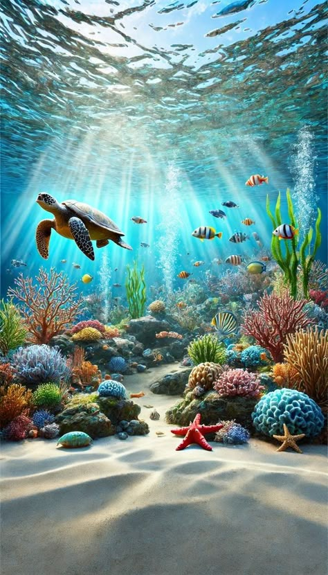 Underwater Creatures Art, Ocean Fish Wallpaper, Underwater Turtle, Sea Turtle Wallpaper, Ocean Creatures Art, Colorful Sea Creatures, Sea Life Wallpaper, Coral Reef Art, Coral Reef Ecosystem