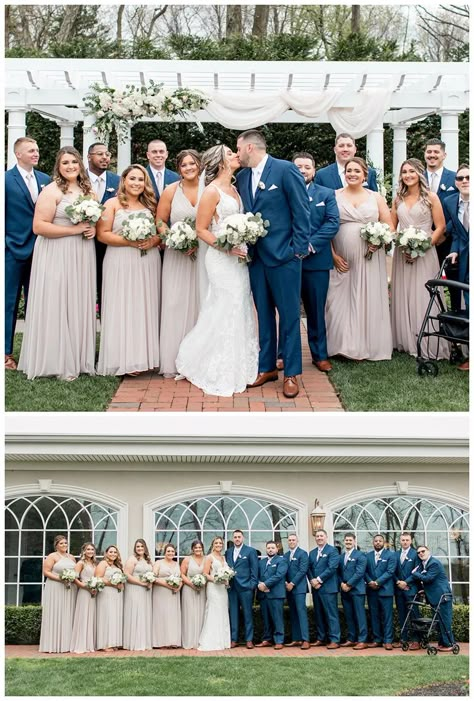 Beige And Navy Wedding Party, Navy Champagne Wedding Colors, Navy And Beige Wedding Color Schemes, Champagne Bridesmaid Dresses Navy Groomsmen, Navy And White Bridesmaid Dresses, Wedding Color Schemes Navy Suit, Navy Wedding Bridal Party, Navy And Champagne Suit, Neutral Colors For Wedding