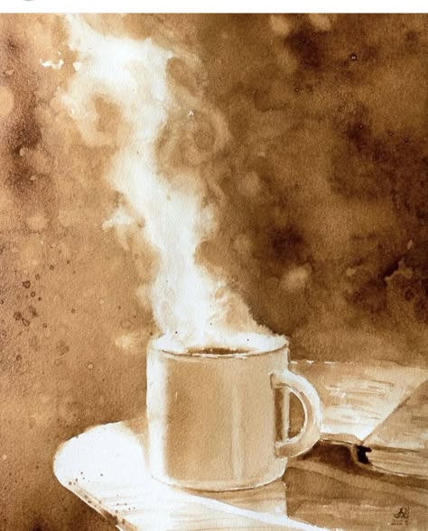 Brown Watercolor Painting, Monotone Painting, Coffee Painting Canvas, Coffee Art Drawing, Cafe Artwork, Magical Watercolor, Coffee Art Painting, Coffee Watercolor, Brown Watercolor