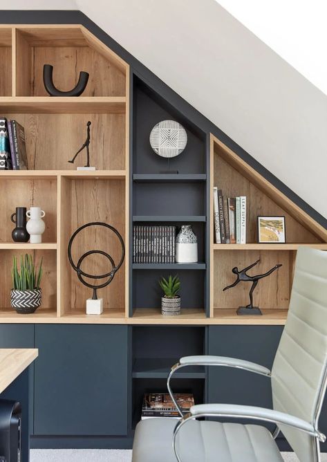 Modern Loft Home Office | Home Offices | Neville Johnson Rustic Workspace, Loft Office Ideas, Loft Home Office, Styling A Bookcase, Attic Office, Loft Home, Loft Office, Attic Spaces, Loft Room