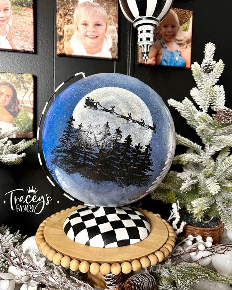 Magical Makeover: Hand Painting a Vintage Globe with a Christmas Wonderland Painted Globe Diy, Globe Painting, Santa Sleigh Silhouette, Painted Canvas Bags, Hand Painted Globe, Globe Diy, Whimsical Diy, Painted Globe, Globe Art