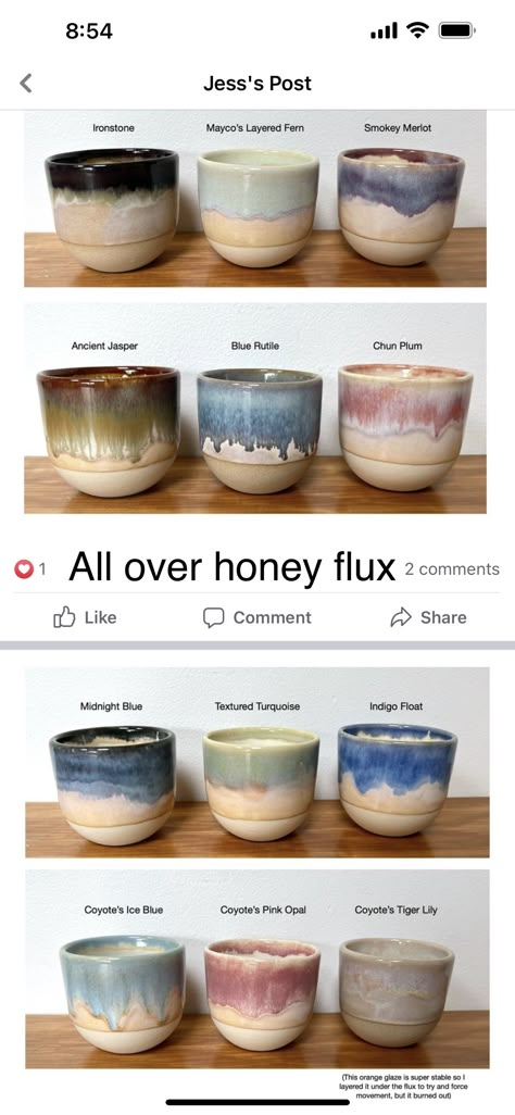 Glaze Amaco Combinations, Best Glaze Combinations Pottery, Pottery Glazing Combinations, Mixing Glazes Ceramics, Honeyflux Glaze Combination, Clay Bowl Glaze Ideas, Come 6 Glaze Recipes, Honey Flux And Ancient Jasper, Kimchi Glaze Pottery