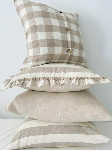 Affordable 100% OEKO-TEK certified (no nasty chemicals) Pure French Linen cushion covers.  Soft earthy tones of the latest trending patterns of Natural Gingham, Natural Wide Stripe and Natural linen.  Elegant ruffles to finish off a classic coastal look for your home.  Muted colors to enhance the look and feel of any setting.  Timeless home styling that's affordable for everyone! Gingham Linen, Natural Linen Fabric, Throw Pillows Christmas, French Linen, Luxury Linen, Linen Cushion, Soft Pillows, Bed Decor, Pure Linen