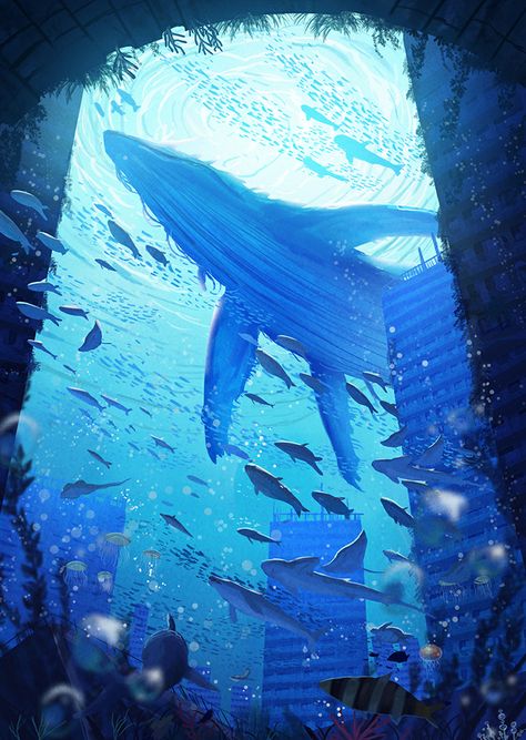 Underwater City, Fantasy Art Landscapes, Underwater Art, Fantasy Concept Art, Whale Art, Blue Whale, A Whale, 판타지 아트, Arte Inspo