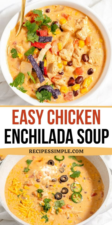 This Chicken Enchilada Soup recipe is a hearty and flavorful dish that is easy to make in just 40 minutes. Perfect easy soup recipe for chilly weeknight meals. Crock Pot Chicken Enchilada Soup With Cream Cheese, Chicken Enchilada Soup Easy Stovetop, Creamy Mexican Chicken Soup, Cheesy Chicken Enchilada Soup Crock Pot, Comfort Food With Chicken, Easy Chicken Enchilada Soup Crock Pot, Enchilada Soup Crockpot Easy, Copycat Chilis Enchilada Soup, Cheese Enchilada Soup