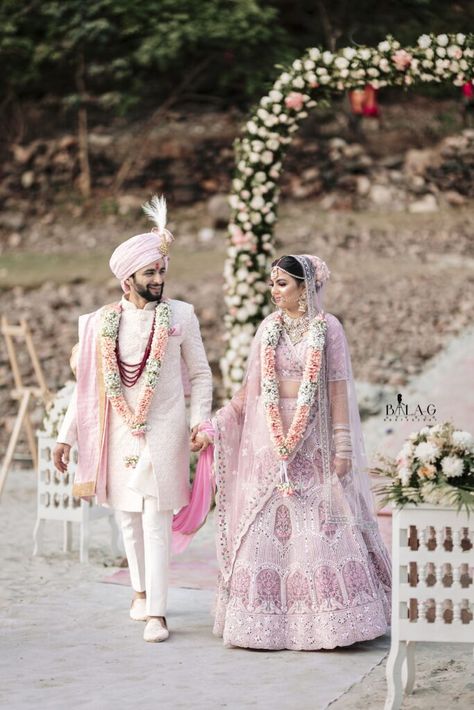 Sherwani And Lehenga Combo, Bride Groom Outfits Indian Wedding, Haldi Outfit Ideas For Groom, Groom Sherwani Indian Latest, Bride And Groom Wedding Outfit, Rishikesh Wedding, Bride And Groom Indian Wedding Outfit, Indian Wedding Outfit Bride, Indian Beach Wedding