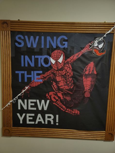 Spiderman, Superhero, Halloween, New Years, resident assistant, RA Spiderman Ra Bulletin Board, Spider Man Bulletin Board Ideas, Spiderman Bulletin Board, Spiderman Classroom, Breakroom Ideas, New Year Bulletin Board, Homecoming Poster, Homecoming Poster Ideas, Dorm Themes