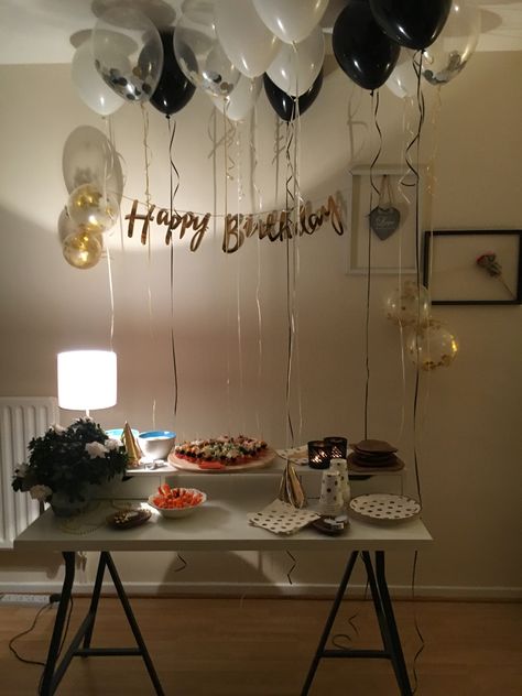 Birthday decoration idea for my husband  Black, gold and white theme Simple Birthday Decorations For Boyfriend, Happy Birthday Decorations At Home, Home Bday Decoration, Birthday Room Surprise For Husband, Ideas For My Husband Birthday, Simple Birthday Decor For Men, Black And White Birthday Theme For Men, Birthday Table For Men, Birthday Decore Idea For Husband