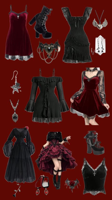 Outfit Ideas/inspo for all of my romantic goths out there!!🖤 Romantic Alt Outfits, Vampire Goth Women, Vampire Aesthetic Outfit Woman, Gothic Valentines Day Outfit, Gothic Romantic Outfits, Goth Valentines Outfit, Cool Villain Outfits, Goth Mommy Outfits, Goth Romantic Outfit