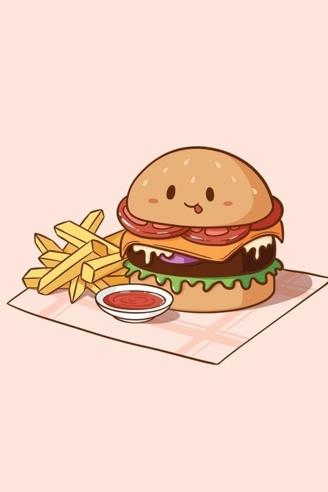 Hamburger Drawing, Food Drawing Easy, Cute Hamburger, Photo Kawaii, Peanut Butter And Banana, Food Doodles, Cartoon Food, Food Cartoon, Images Kawaii