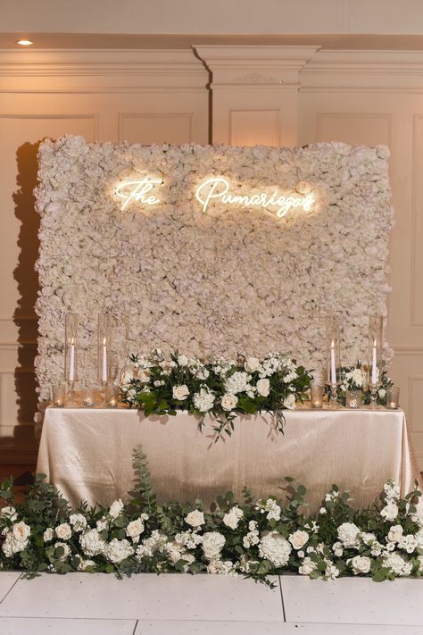 Flower wall sweetheart table Wedding Floral Backdrop Wall, Bridal Table Wedding Decor, White Sweet Heart Table Wedding, Top Table For Bride And Groom, Wedding Table Decorations Main Table, Bride And Groom Main Table Decor, Flower Wall Head Table Wedding, Wedding Ideas Elegant Romantic Sweetheart Table, Ballroom Sweetheart Table