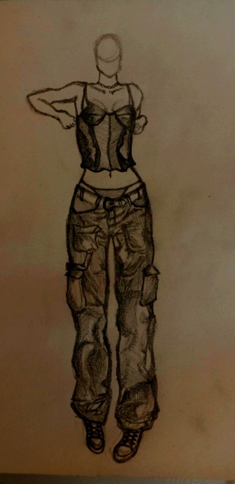 girl with cargo pants and crop top Cargo Pants Design Sketch, Drawing Of Cargo Pants, Cargo Pants Outfit Drawing, How To Draw Cargo Pants Sketch, Cargo Pants Sketch Fashion Design, Baggy Pants Illustration, Cargo Pant Drawing, Parachute Pants Drawing, Baggy Outfits Drawing