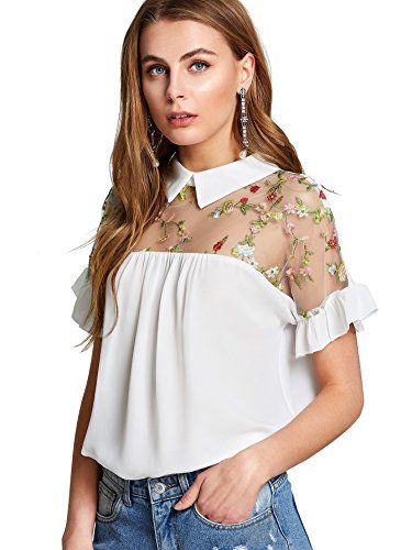 Floral Embroidered Shirt, Collar Embroidery, Patch Work Blouse, Casual Shirt Women, Blouse Outfit, Women Shirts Blouse, Chiffon Blouse, Pan Collar, Peter Pan Collar