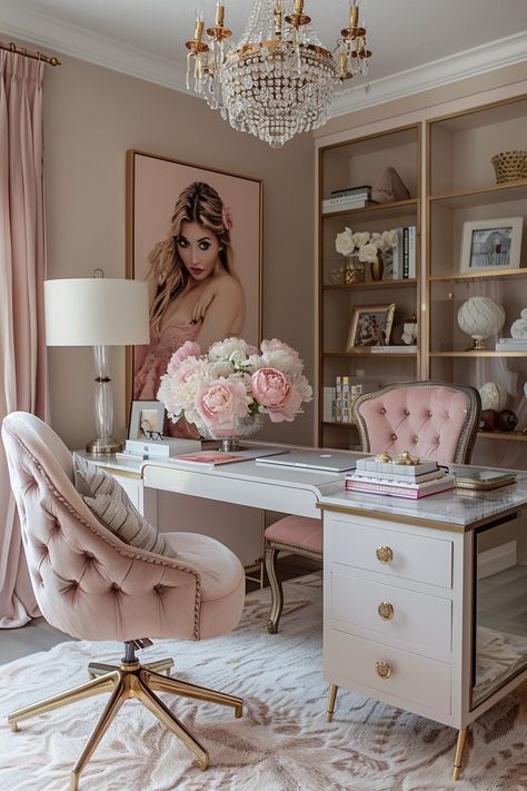 Pink Home Office Aesthetic, Feminine Home Office Classy, Feminine Office Space, Glam Office Decor, Feminine Home Office Ideas, Pink Office Decor, Feminine Home Office, Girly Office, Glam Office