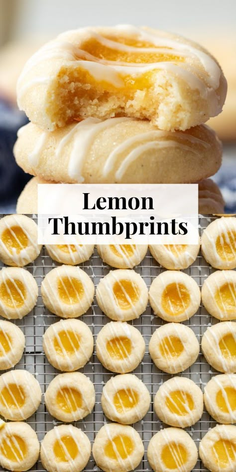 These lemon thumbprint cookies are a lemon lovers' dream! Fill soft, buttery lemon sugar cookies with lemon curd, & drizzle with lemon icing. #lemon #Christmas #holidaycitrus Soft Lemon Curd Cookies, Lemon Snowflake Cookies Taste Of Home, Ginger Lemon Cream Cookies, Simple Quick Baking Recipes, Lemon Jam Cookies, Lemon Rind Candy, Lemon Crinkle Cookies With Lemon Curd, Lemon Desserts Cookies, Honey Treats Desserts