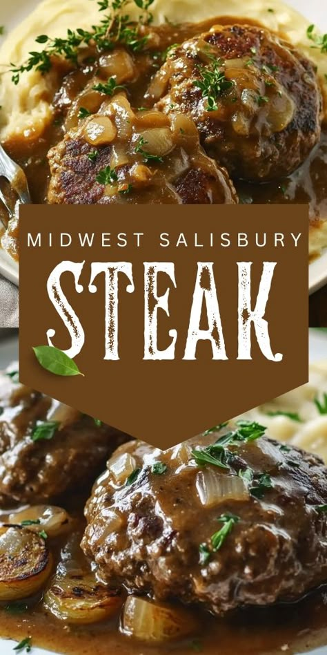 Salisbury Steak is a comforting homestyle dish made from ground beef, served with a savory mushroom gravy! 🍖🍄 This classic dinner is perfect for family meals, offering hearty flavors and an easy-to-make recipe that everyone will love. Serve with mashed potatoes or rice for the ultimate comfort food.  📌 Save this pin to make a delicious and comforting Salisbury steak with mushroom gravy for your next dinner! #SalisburySteak #HomestyleDinners #ComfortFood #MushroomGravy #GroundBeefRecipes Midwest Salisbury Steak, Salisbury Steak With Ground Beef, Old Fashioned Salisbury Steak, Diy Salisbury Steak, Salisbury Steak Cream Of Mushroom Soup, Best Salisbury Steak Recipe With Mushroom-onion Gravy, Beef Patties With Mushroom Gravy, Salisbury Steak Recipe No Mushrooms, Recipe For Salisbury Steak