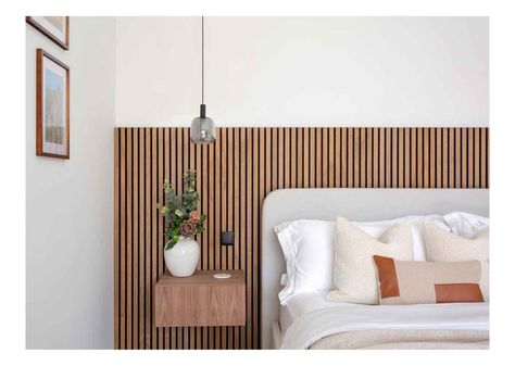 5 Bedroom Panelling Ideas to Add Drama to Walls | Naturewall Wooden Slat Panelling Bedroom, Oak Panelling Bedroom, Half Panelling Bedroom, Wood Panelled Bedroom, Wooden Panelling Walls Bedroom, Wooden Panelling Walls, Bedroom Panelling Ideas, Slat Panelling, Wood Panel Bedroom