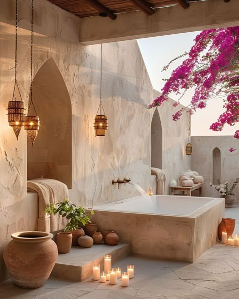 Adobe Fireplace Outdoor, Mykonos Interior Design, Small Riad, Marakesh Decor Interiors, Medditeranean Style Home, Marrakech Interior, Modern Moroccan Interior Design, Moroccan Spa, Butcherblock Countertops