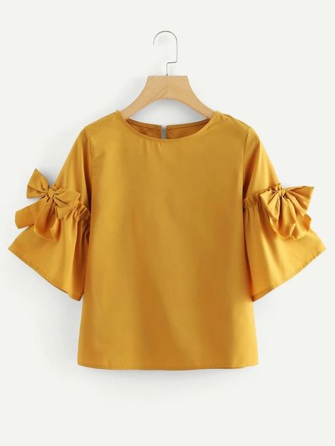 Bow Detail Flounce Sleeve Keyhole Back Blouse | SHEIN USA Blouse Tops Designs, Girls Clothes Patterns, Girls Dresses Sewing, Yellow Clothes, Girls Frock Design, Fashion Tops Blouse, Trendy Fashion Tops, Hem Blouse, Fashionista Clothes