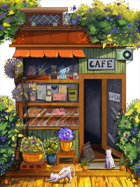 Japanese Style Cafe, Angela Hao, Well Illustration, Bakery And Coffee Shop, Japanese Shop, Cute Coffee Shop, Watercolor Architecture, Creation Art, Building Illustration