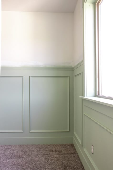 Chair Rail And Box Molding, Chair Rail Molding Bedroom, Box Trim Wallpaper, Box Trim With Wallpaper, Diy Box Trim, Box Trim Nursery, Box Trim Bedroom, Box Trim On Wall, Eloise Nursery