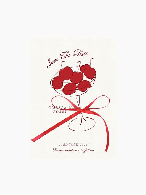 Tie the knot. These personalised Save The Date cards are cut from luxuriously thick paper and finished with a red artisan-drawn cherry illustration. Tied off with a satin ribbon for a chic touch, these are an unforgettable way to ask them to your big day. Cute Wedding Illustration, Illustrative Wedding Invitations, Red Wedding Stationery, Illustration Art Wedding, Red Invitation Card, Cherry Card, Save The Date Illustration, Knot Illustration, Save The Date Burgundy