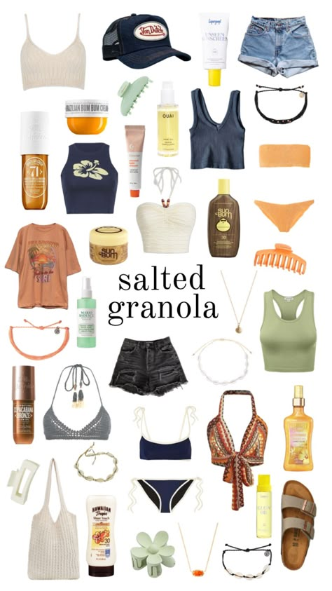 Granola Bathing Suits, Summer Lake Aesthetic Outfit, Cooler Summer Outfits, Exploring Outfit Summer, Modern Granola Outfits, Surf Aesthetic Clothes, Salted Gronala Outfits, Pnw Aesthetic Outfits Summer, Hawaii Outfit Inspo Summer