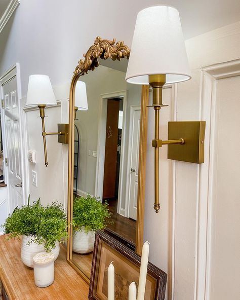 Antique Brass Mirror Living Room, Sconces On Either Side Of Mirror, Wall Scones Next To Mirror, Mirror And Wall Sconces Living Room, Mirror And Sconces Entryway, Sconces By Mirror, Dining Room Wall Scones, Mirror With Sconces On Each Side Entry, Gold Mirror With Sconces