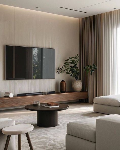 Luxury Minimalist Apartment, Decorations Ideas For Living Room, Tv Wall With Pictures, Neutral Living Room Tv Wall, Living Room With Tv Decor, Living Con Tv, Living Room With Tv On Wall, Tv Wall Paint Ideas, Living Room Television Wall Ideas