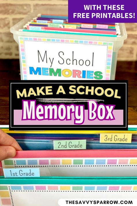 Looking for ways to organize your kids' artwork and school papers that you want to keep?  Use these free printables to make your own school memory box for kids!  Includes divider tabs for file folders and pages for each grade to tape to the front of folders - and you can grab the free printable school memory box templates to make a memory binder too!  Such a cute idea for keeping kids school work! File Folder School Memories, Memory Box File Folder, School Year Keepsake Storage, School Work Memory Boxes, Children Memory Box Ideas, Kids School Memory Box Ideas, School Box Organization File Folder, Memory File Box For Kids, Memory Box School