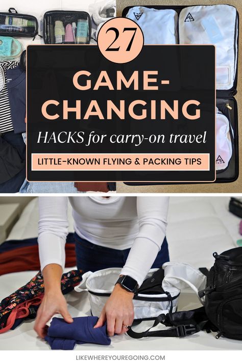 27 Little-Known Carry-on Tips for Flying (+ space saving packing hacks) Carry On Tips And Tricks, Smart Packing Tips Carry On Bag, Flying Packing Tips, Packing For 8 Days In A Carry On, Flight Packing Tips, Conference Travel Packing, Flying With Carry On Only, What Can You Pack In A Carry On, Packing For Frontier Airlines