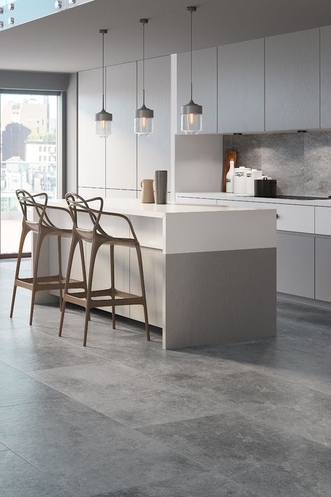 These stunning large 1200mm x 600mm silver stone effect floor tiles really make an impression and give a minimalistic look and feel to rooms. Grey Tiles Living Room, Modern Kitchen Tile Floor, Kitchen Flooring Trends, Modern Kitchen Flooring, Grey Kitchen Tiles, Modern Kitchen Tiles, Floor Tiles Design, Grey Kitchen Floor, Tile Floor Living Room