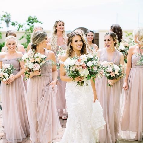 Birdy Grey - Real Weddings - Real Bride Reviews Taupe Bridesmaid, Taupe Bridesmaid Dresses, Bridesmaid Dresses Under 100, Grey Bridesmaids, Convertible Bridesmaid Dress, Blush Bridesmaids, Birdy Grey, Mismatched Bridesmaids, Wedding Dress Guide