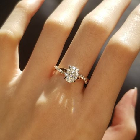 1-50-ct-oval-shaped-moissanite-twisted-pave-setting-engagement-ring Pave Setting Engagement Ring, Setting Engagement Ring, Pretty Engagement Rings, Cute Engagement Rings, Future Engagement Rings, Oval Moissanite, Oval Engagement, Dream Engagement, Dream Engagement Rings