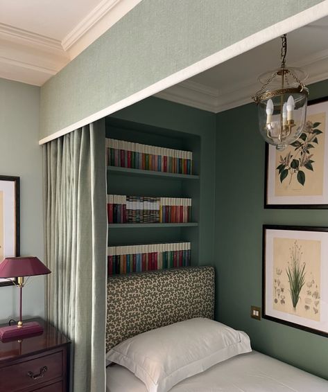 There’s something just so cosy about a ‘nook’ bed and we were delighted to work with the brilliant @sapphiechichesterltd on this beautiful… | Instagram Bed Nook Ideas, Curtains Pelmet, Bedroom Alcove, Nook Bedroom, Rug Mirror, Wall Nook, Alcove Bed, Bed Valance, Globe Lantern