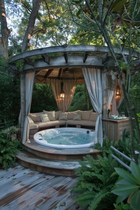 A luxury hot tub gazebo can transform your backyard into an oasis of relaxation and fun. Gazebos not only provide shade and shelter, but they add style and elegance to your outdoor space. Gazebo With Jacuzzi, Boho Hot Tub Area, Round Hot Tub Surround Ideas, Backyard Spa Oasis, Backyard Spa Ideas Hot Tubs, Hot Tub Ideas Backyard Patio, Outdoor Gazebo Ideas Decor, Pool And Hot Tub Backyard, Backyard Jacuzzi Ideas Patio