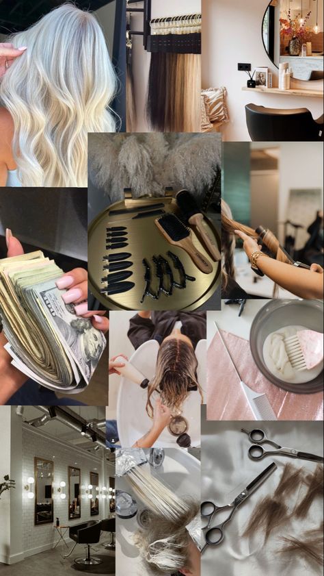 #aesthetic #hairstylist #visionboard #inspo Cosmetology Aesthetic, Hairstylist Aesthetic, Hairstylist Career, Beauty School Cosmetology, Cosmo School, Hair Mood Board, Salon Aesthetic, Makeup Content, Hairstylist Branding