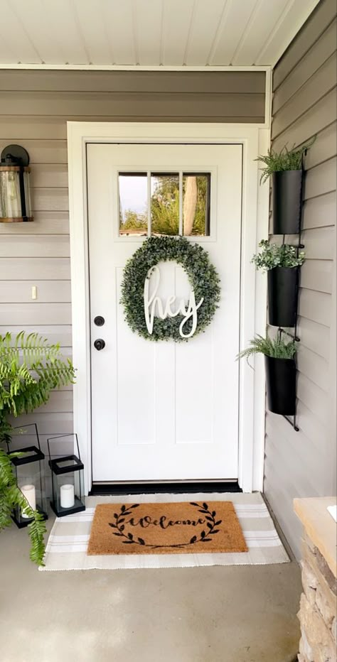 Front Door In Corner Of Porch, Front Door Entrance Apartment, Small Front Door Patio Ideas, Front Door Decor Small Porch, Off Center Front Door Porch Decor, Exterior Front Door Decor Ideas, Front Door Decor With Bench, Front Door Esthetics, One Side Porch Decor