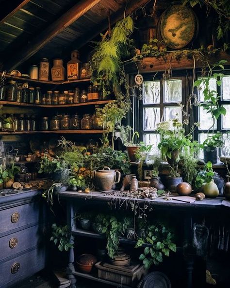 This is How You Set-up Your Own Green Witch Apothecary - Morella&Ulalume Forest Witch Cottage Aesthetic, Farm Witch Aesthetic, Witchcraft Shelves, Witch Greenhouse Aesthetic, Hedge Witch Aesthetic Home, Witch’s Apothecary, Green Witch House Decor, Moody Apothecary Aesthetic, Diy Apothecary Decor